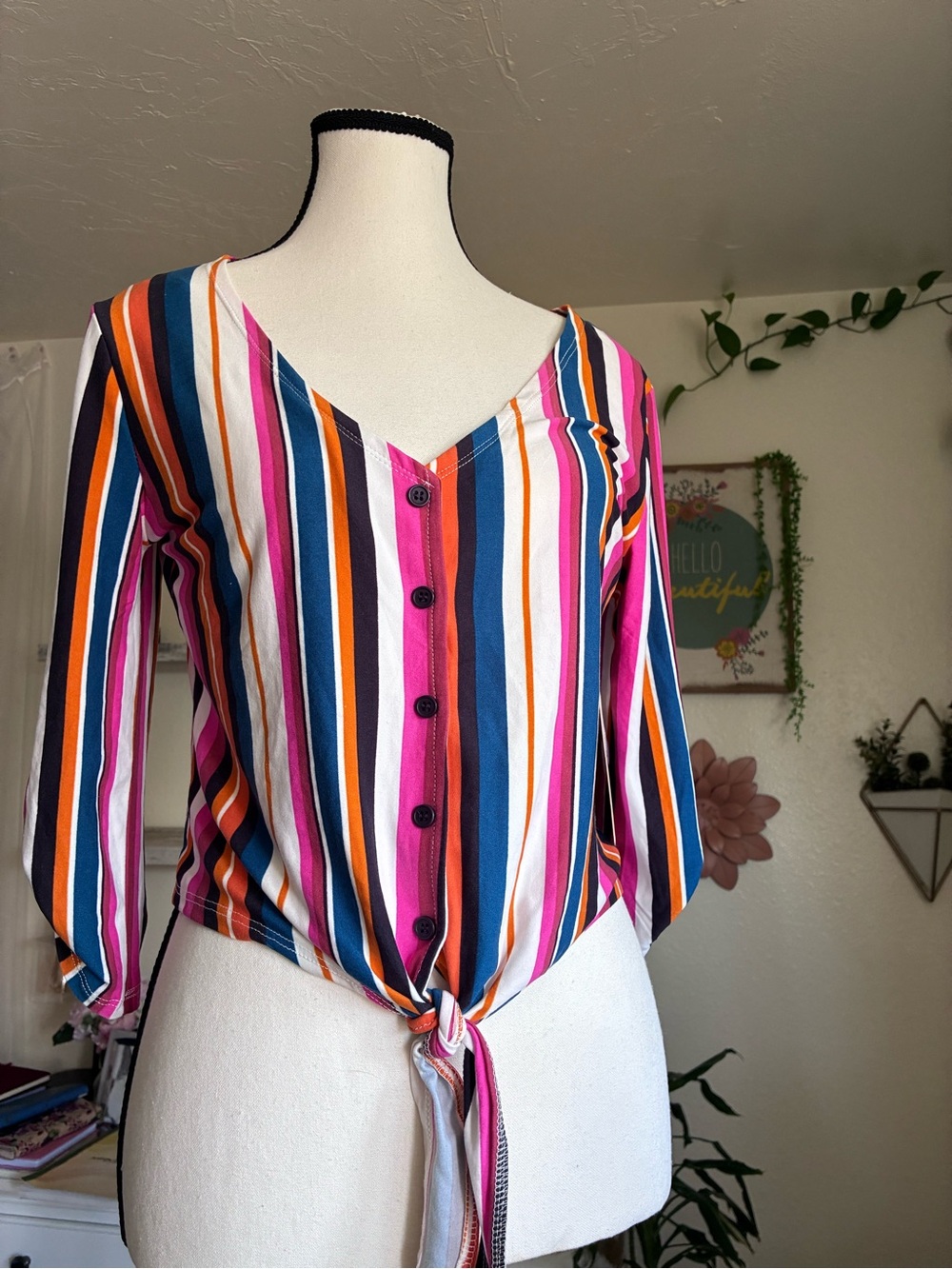 Striped V-Neck Tie-Front Blouse - Multicolor